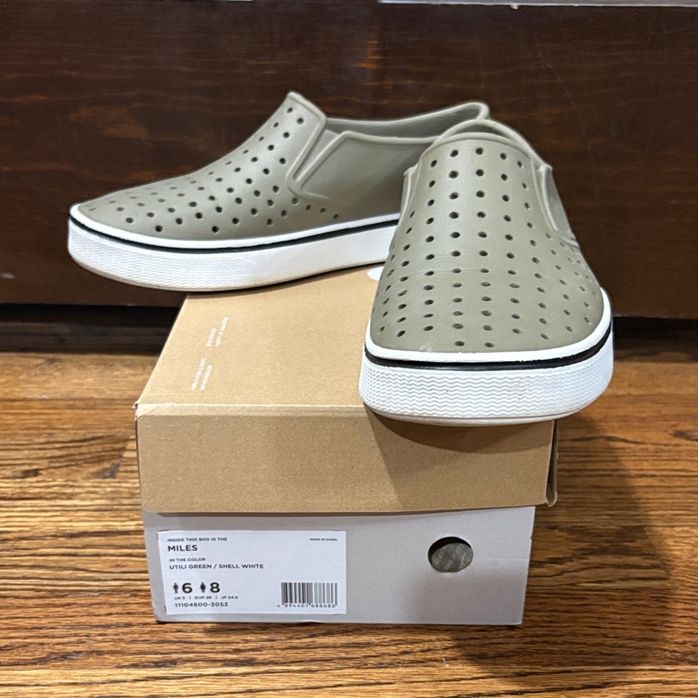 Native Khaki Slip-On Shoes with White Soles